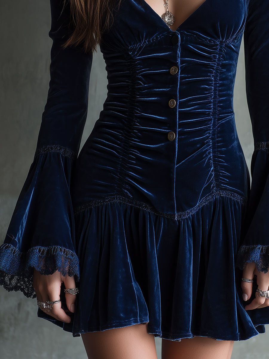 Quiet Luxury Pleated Lace Polyester Velvet Ruffled Hem Mini Dress