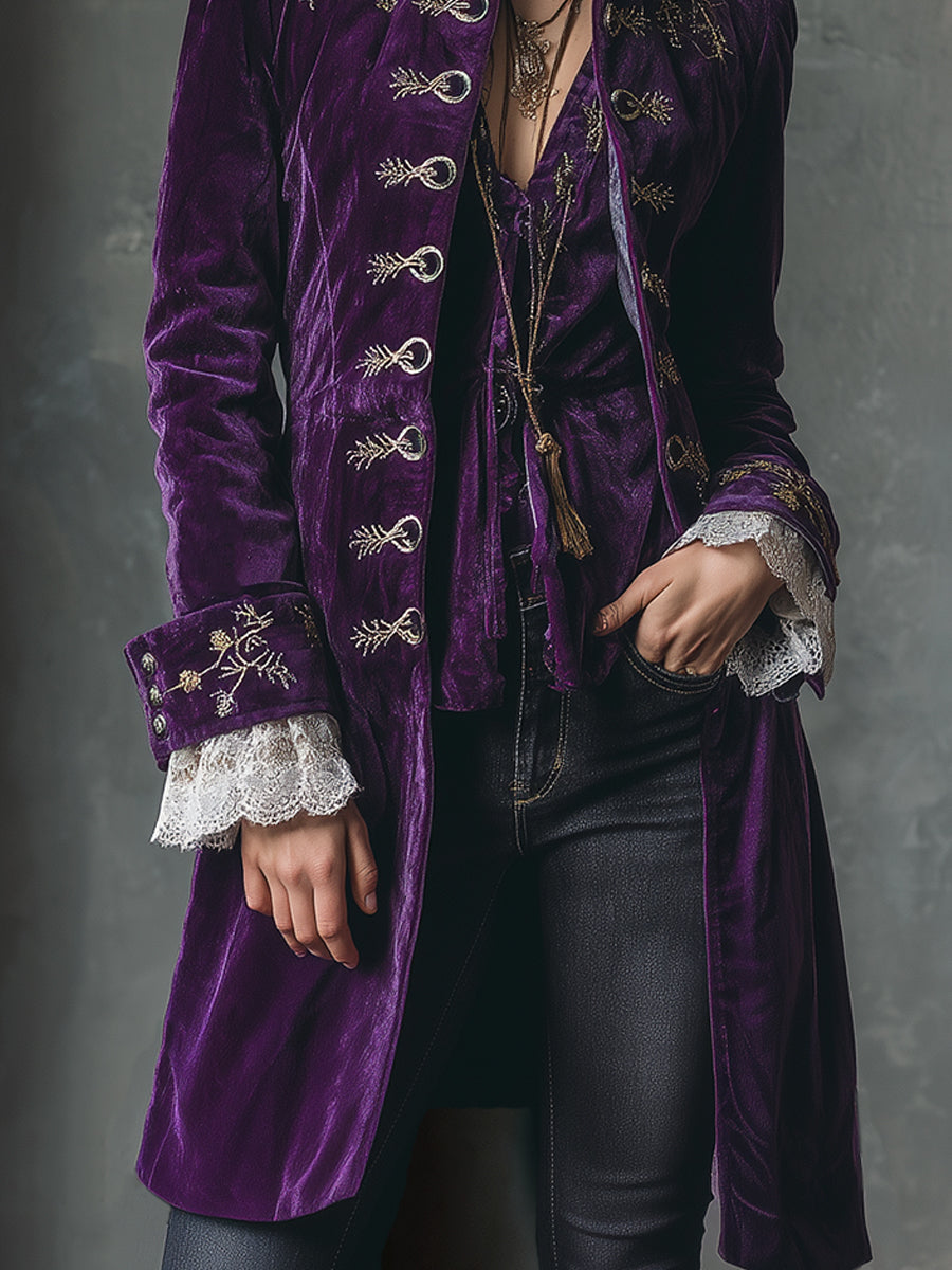 Vintage Embroidered Polyester Velvet Mid-length Jacket