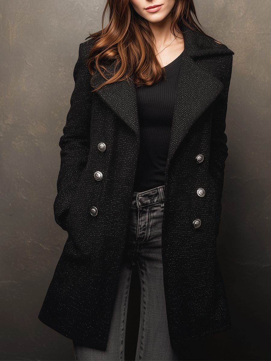 Classic Black Double-Breasted Buttons Longline Coat