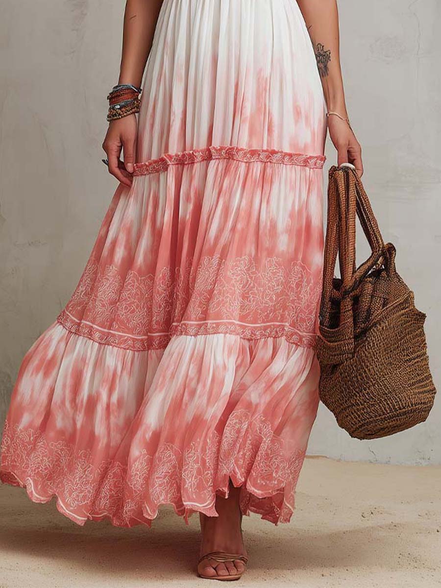 Bohemian Ombr¨¦ Print Smocked Maxi Dress