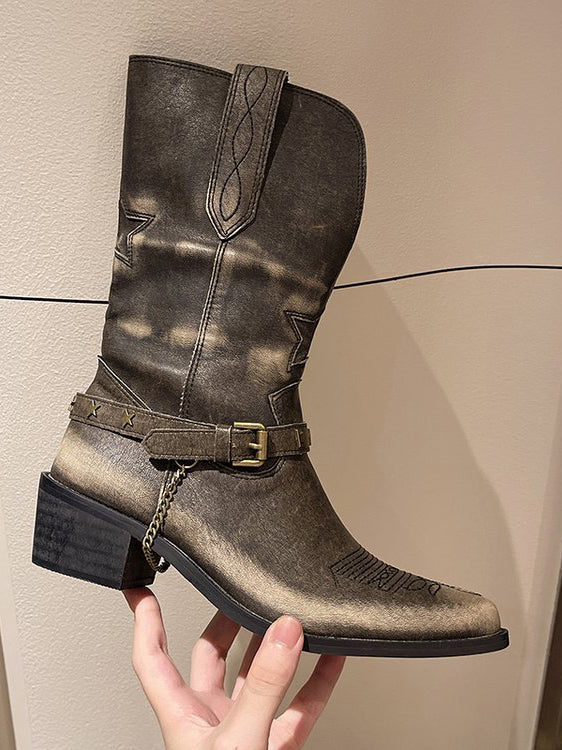 Color-brushed Western Cowboy Boots Pointed Toe Thick Heel Short Knight Boots