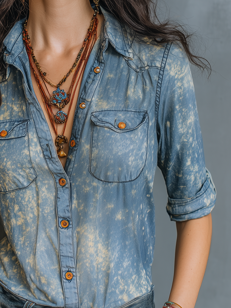 Retro Mottled Pockets Washed Denim Blouse