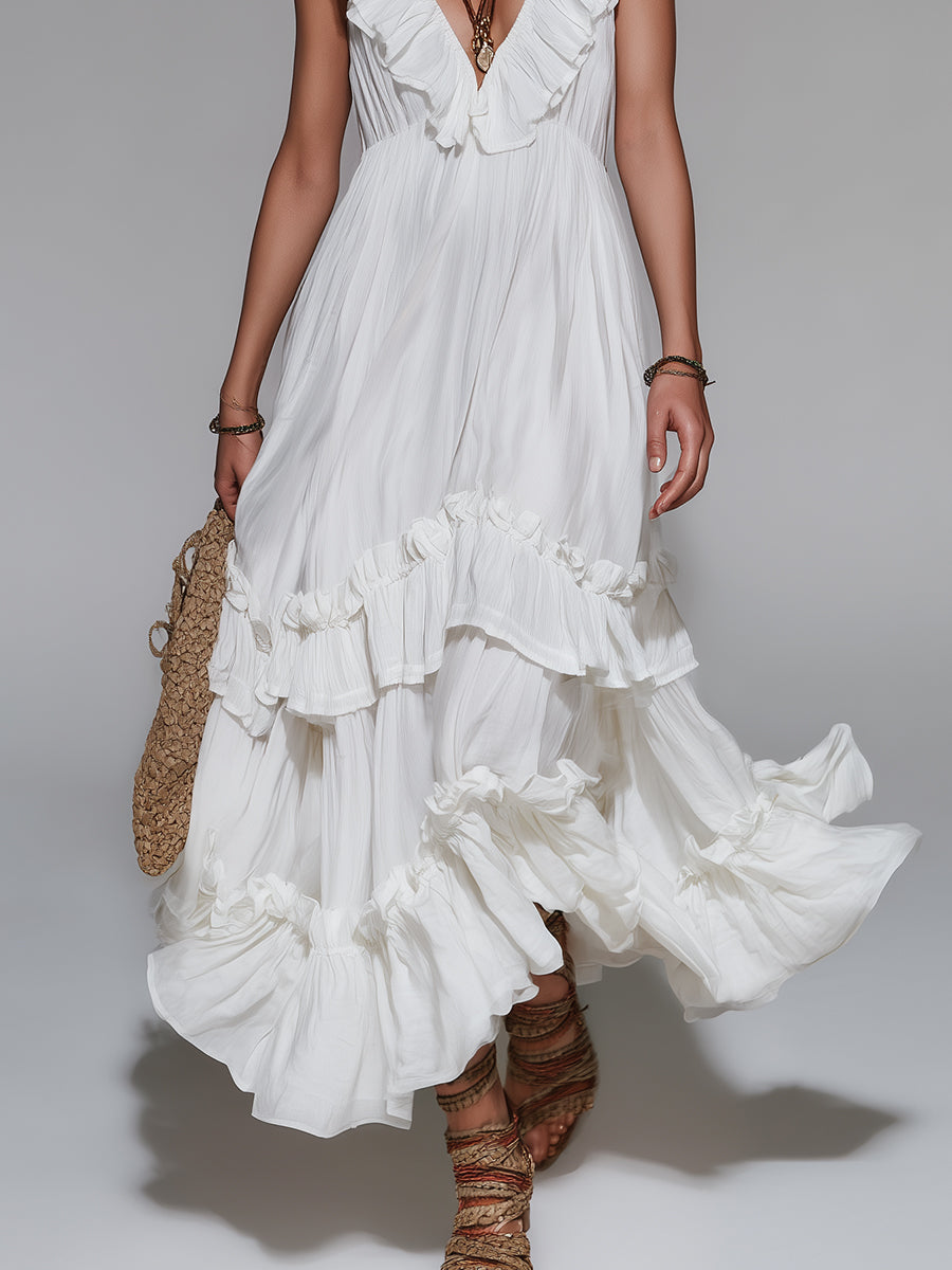 Vintage Sleeveless Maxi Dress With Ruffle Details