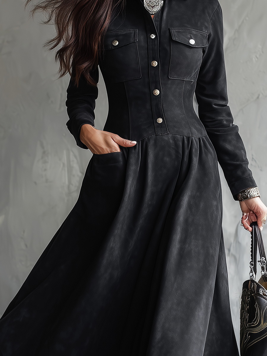Vintage Button Long-sleeved Suede Midi Dress