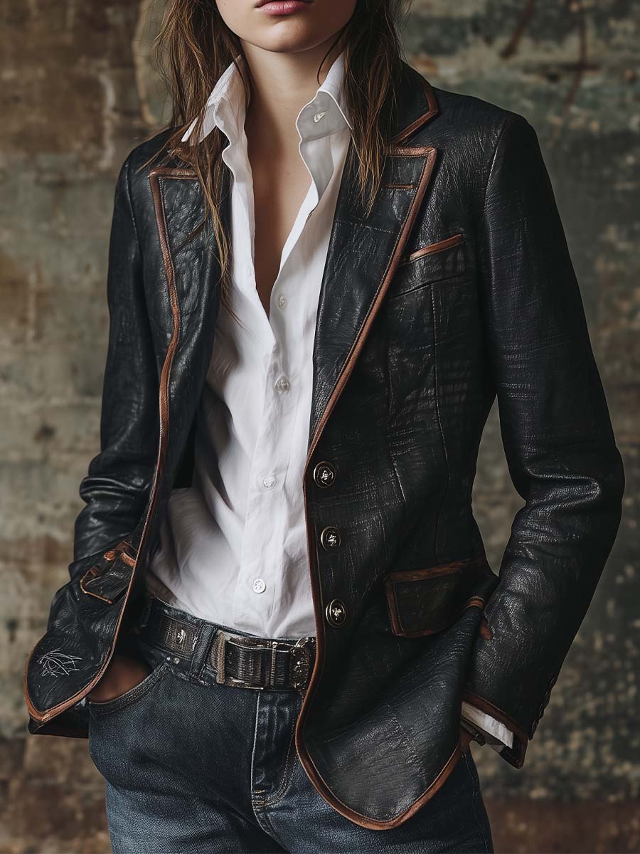 Vintage Black Eco Leather Blazer With Contrast Trim
