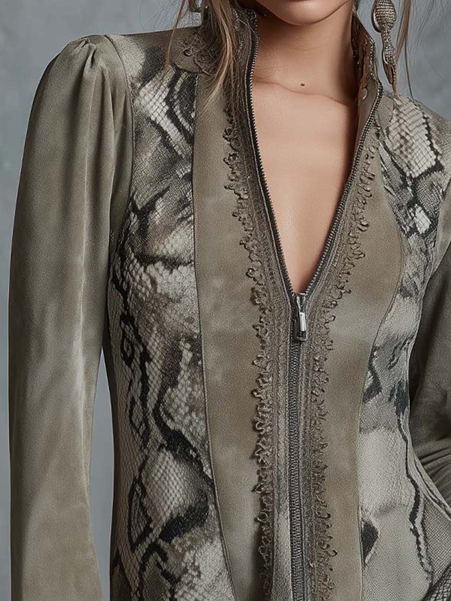 Eco-Suede Snake Print Zip-Up Blouse With Lace Cuff Detail