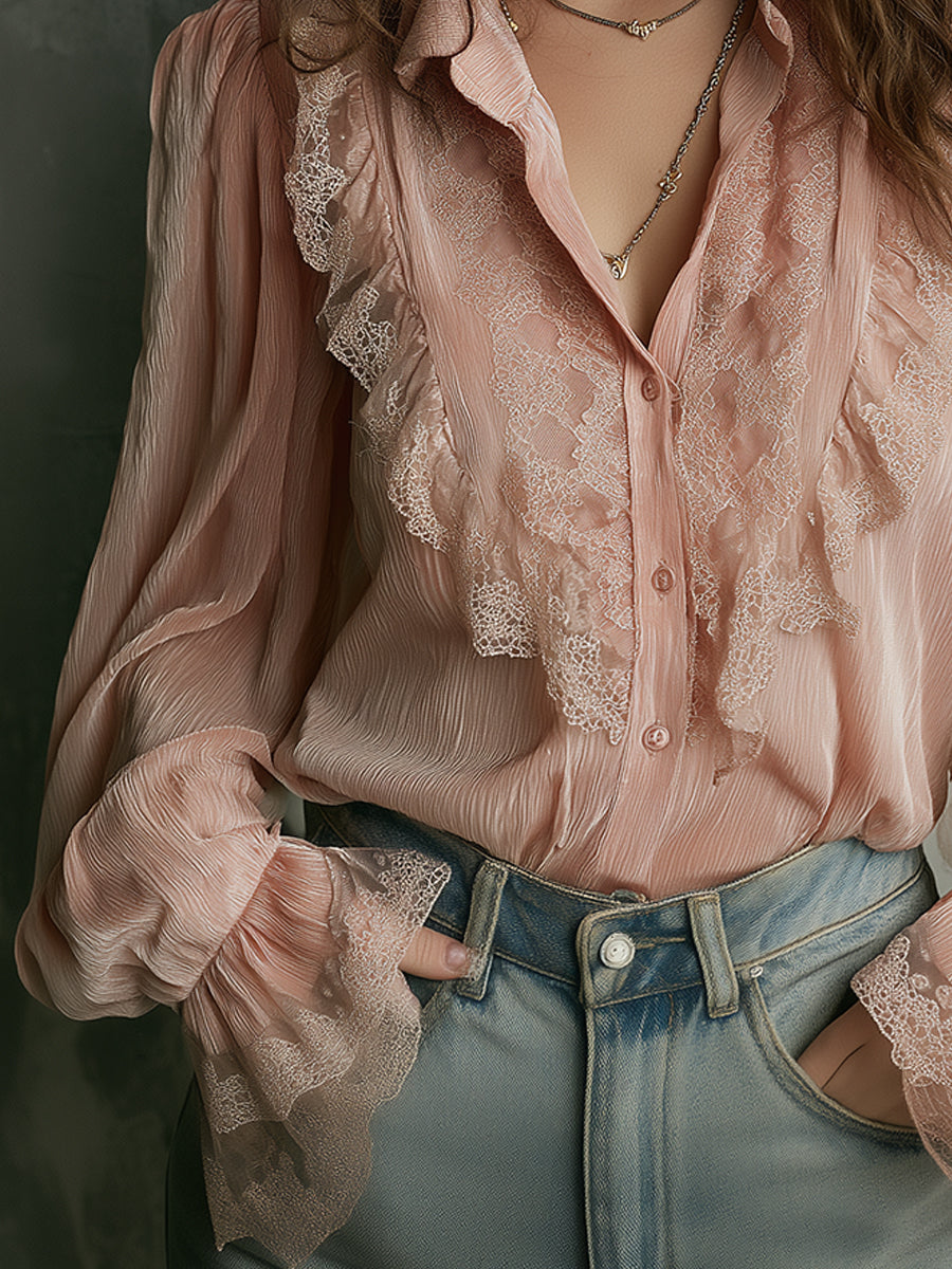 Quietly Luxurious Pleated Chiffon Lace Trumpet Sleeves Blouse