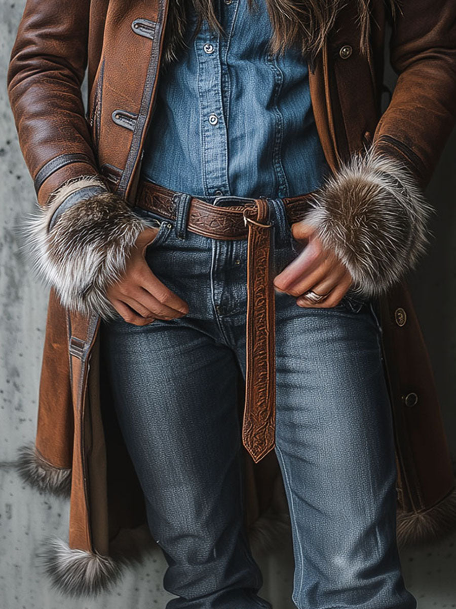 Vintage Brown Shearling Eco Leather Long Coat With Eco Fur Trim