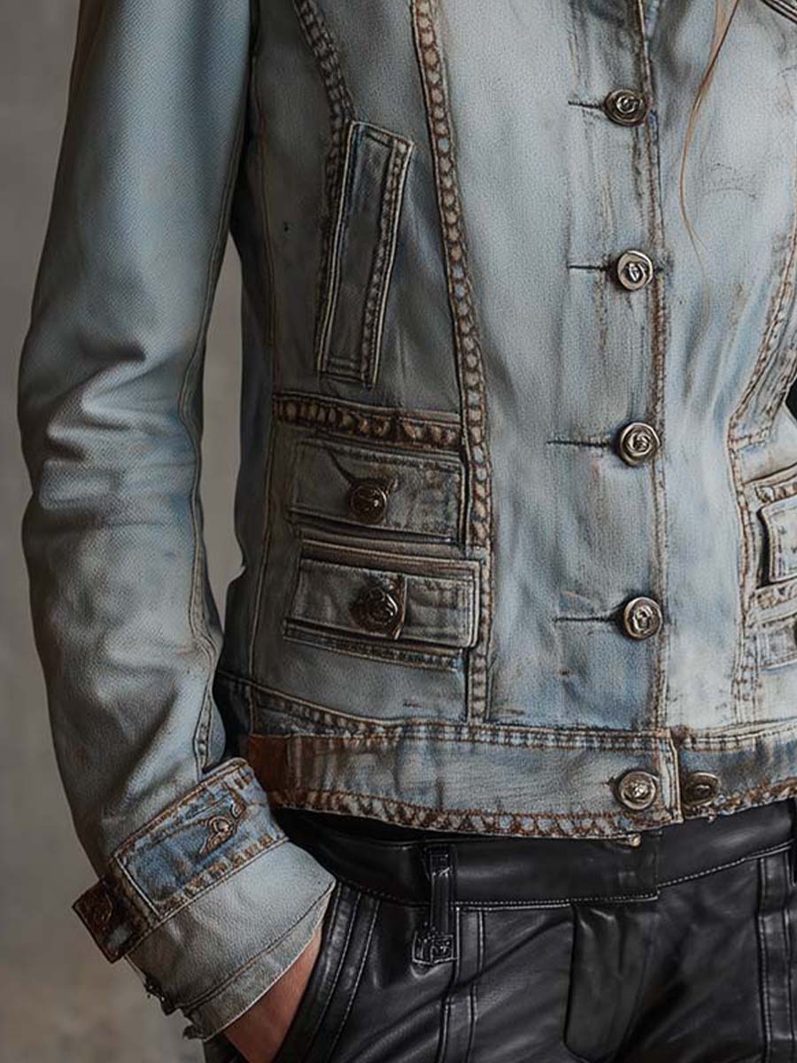 Vintage Washed Military Denim Jacket