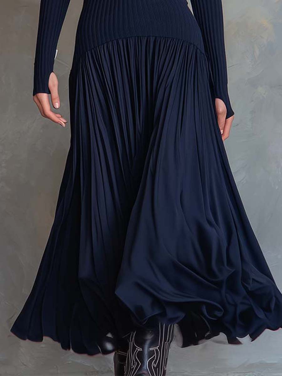 Ribbed Knit And Pleated Chiffon Midi Dress