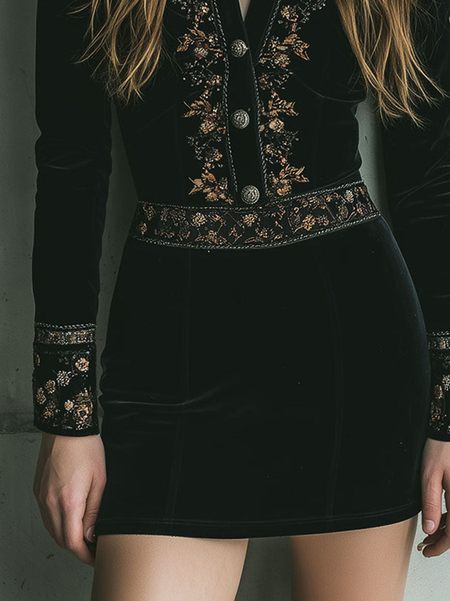 Vintage Black Baroque Embroidered Velvet Mini Dress