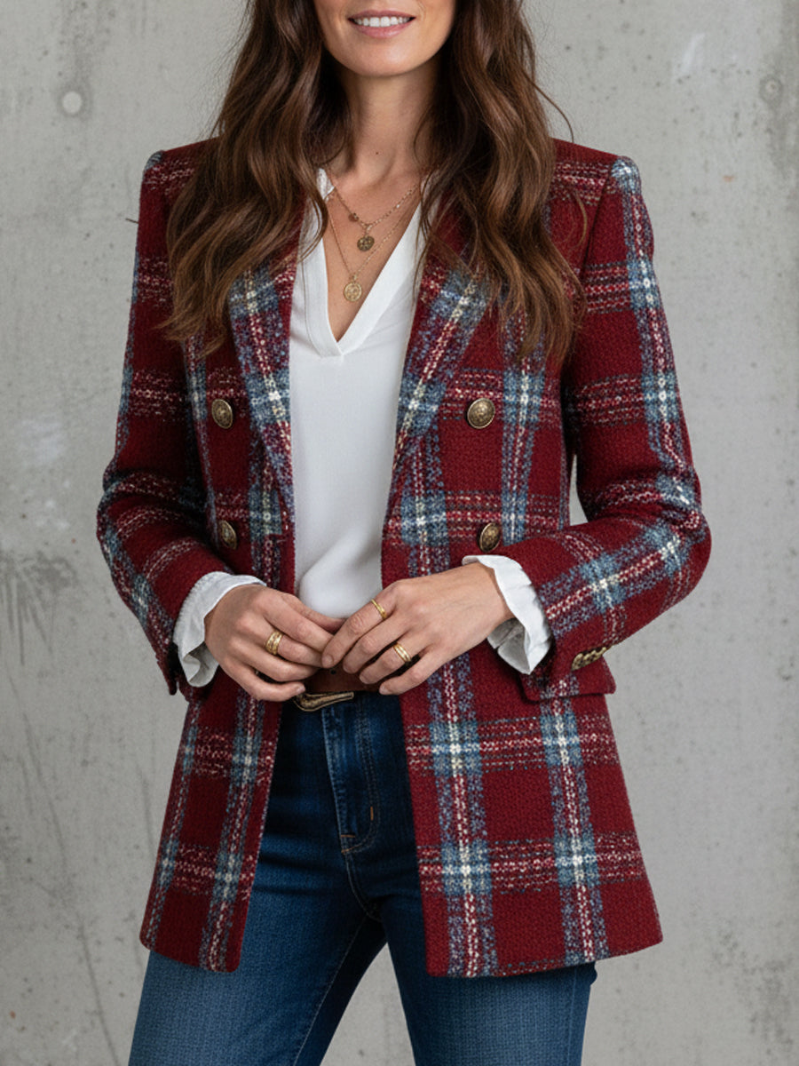 Retro Contrast Plaid Wool Double-breasted Coat