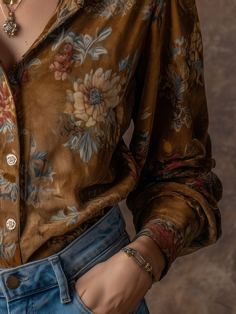 Vintage Suede Floral Print Puff Sleeves Blouse