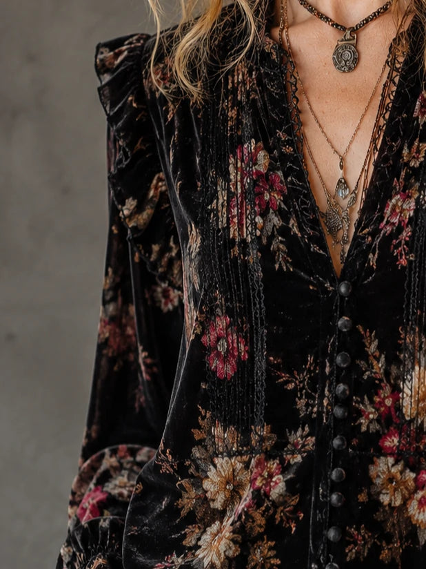 Black Velvet Floral Deep-V Pintuck Blouse