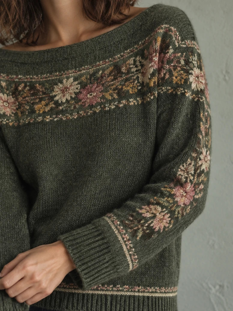 Vintage Floral Boatneck Knit Sweater