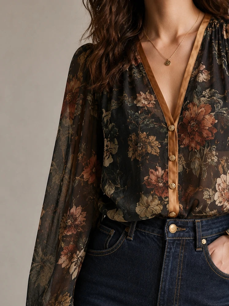 Dark Botanical Floral Sheer Bishop Sleeve Blouse