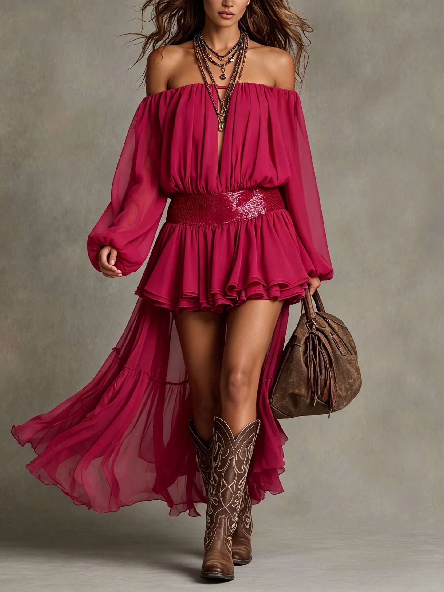 Off-Shoulder Sequin Waist High-Low Chiffon Dress