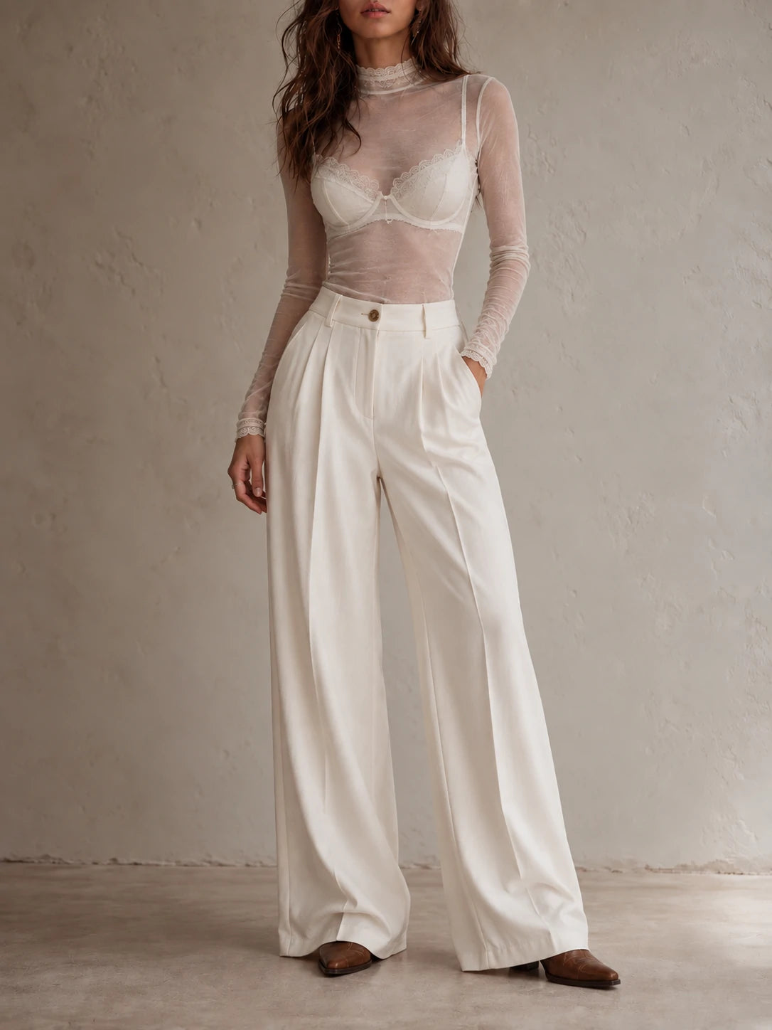Sheer Lace-Trim Mock-Neck Top