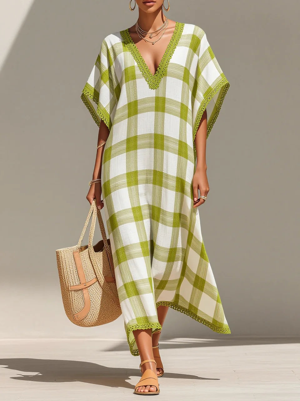 Green White Gingham Lace Trim V-Neck Batwing Sleeve Kaftan Maxi Dress