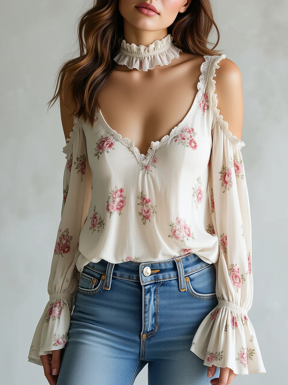 Lace Trim Cold Shoulder Floral Print Ruffle Bell Sleeve Blouse