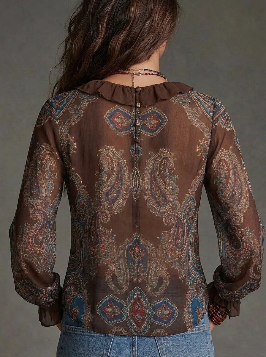 Brown Paisley Print Ruffle V Neck Semi Sheer Chiffon Blouse, Vintage Boho Long Flare Sleeve Button Back Casual Top