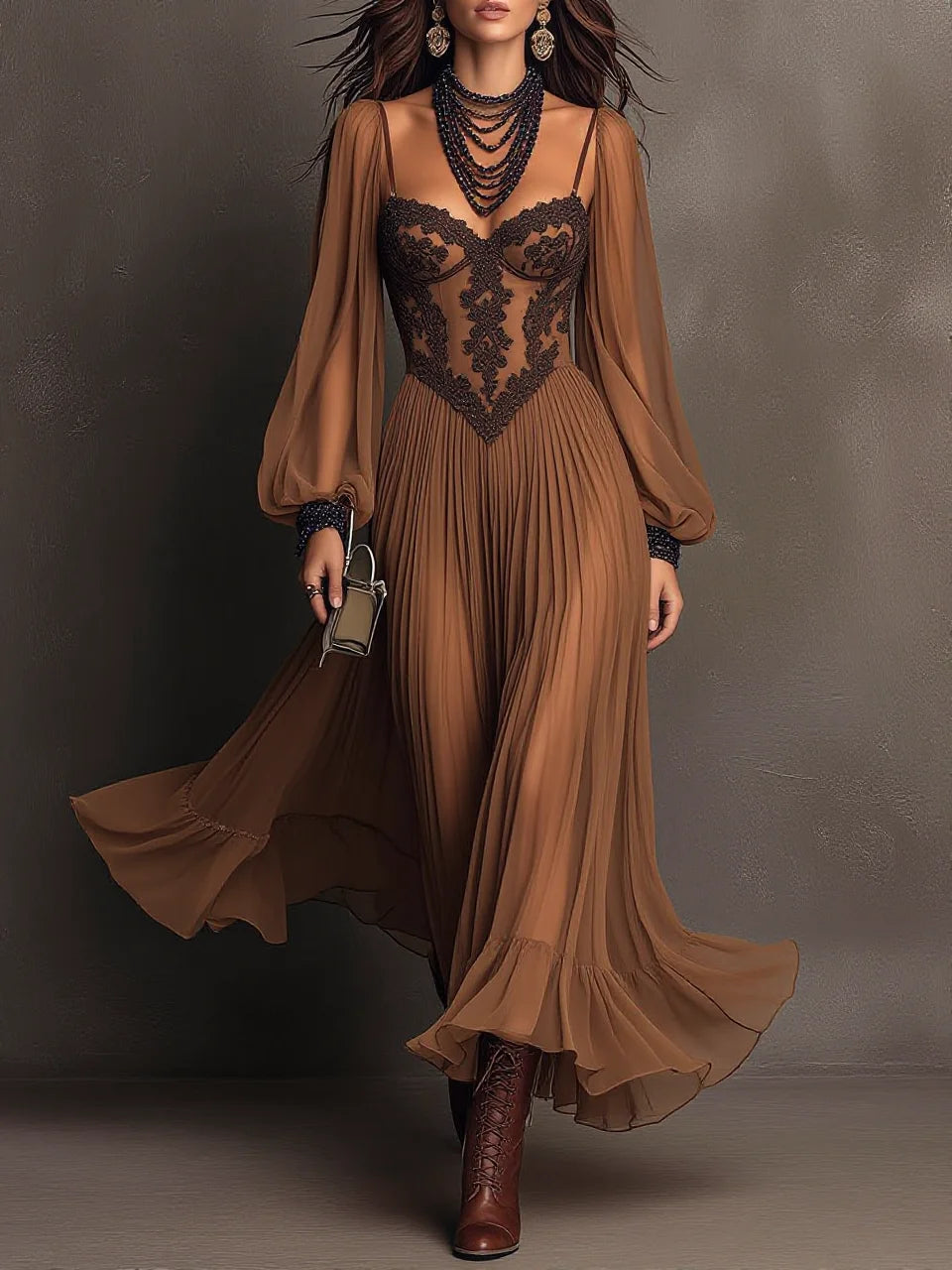 Caramel Lace Corset-Style Sheer Chiffon Pleated Maxi Dress