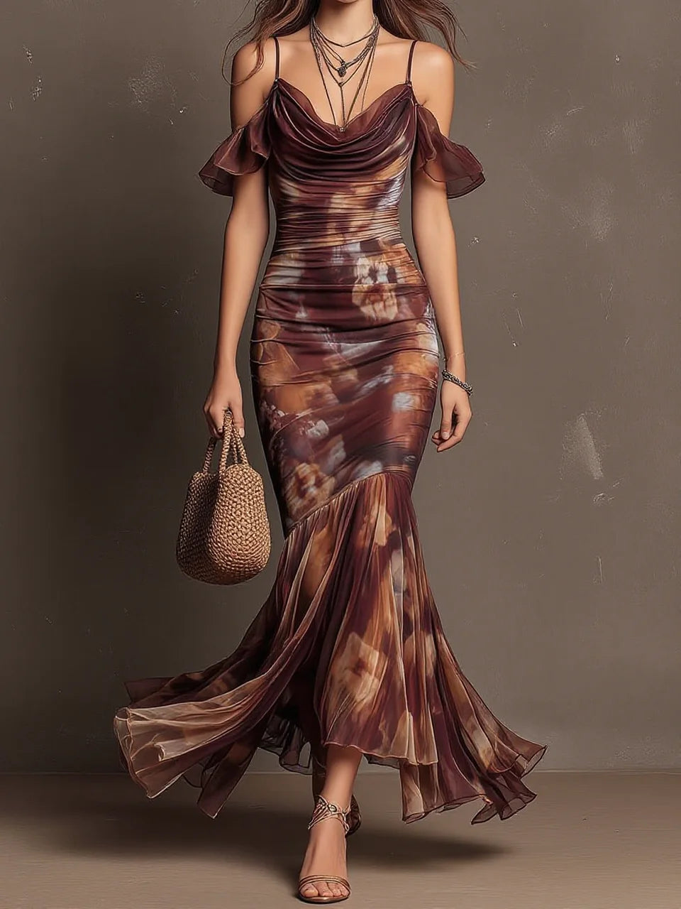 Brown Tie-Dye Print Cami Off-Shoulder Ruffle Mesh Mermaid Maxi Dress