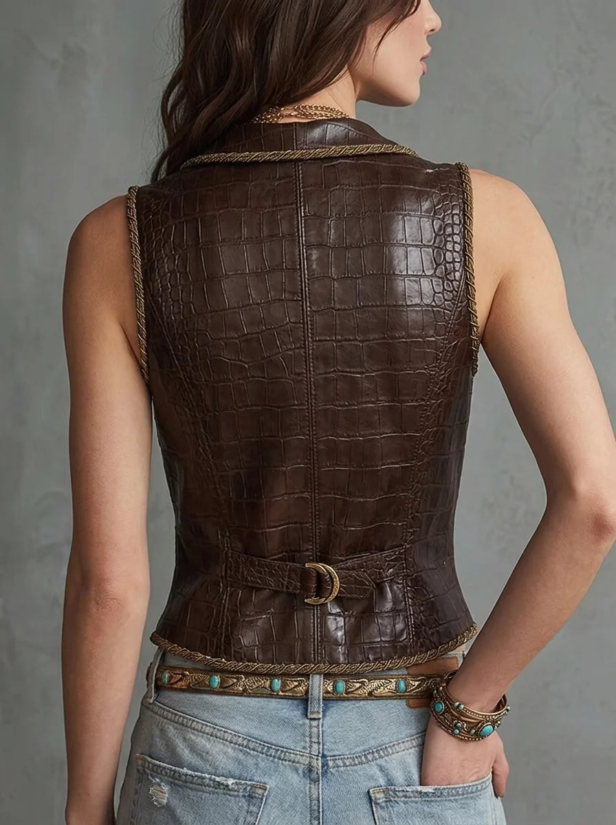 Dark Brown Croc Embossed Faux Leather Vest with Gold Braided Trim, Western Lapel Button Front Adjustable Back Buckle Slim Waistcoat