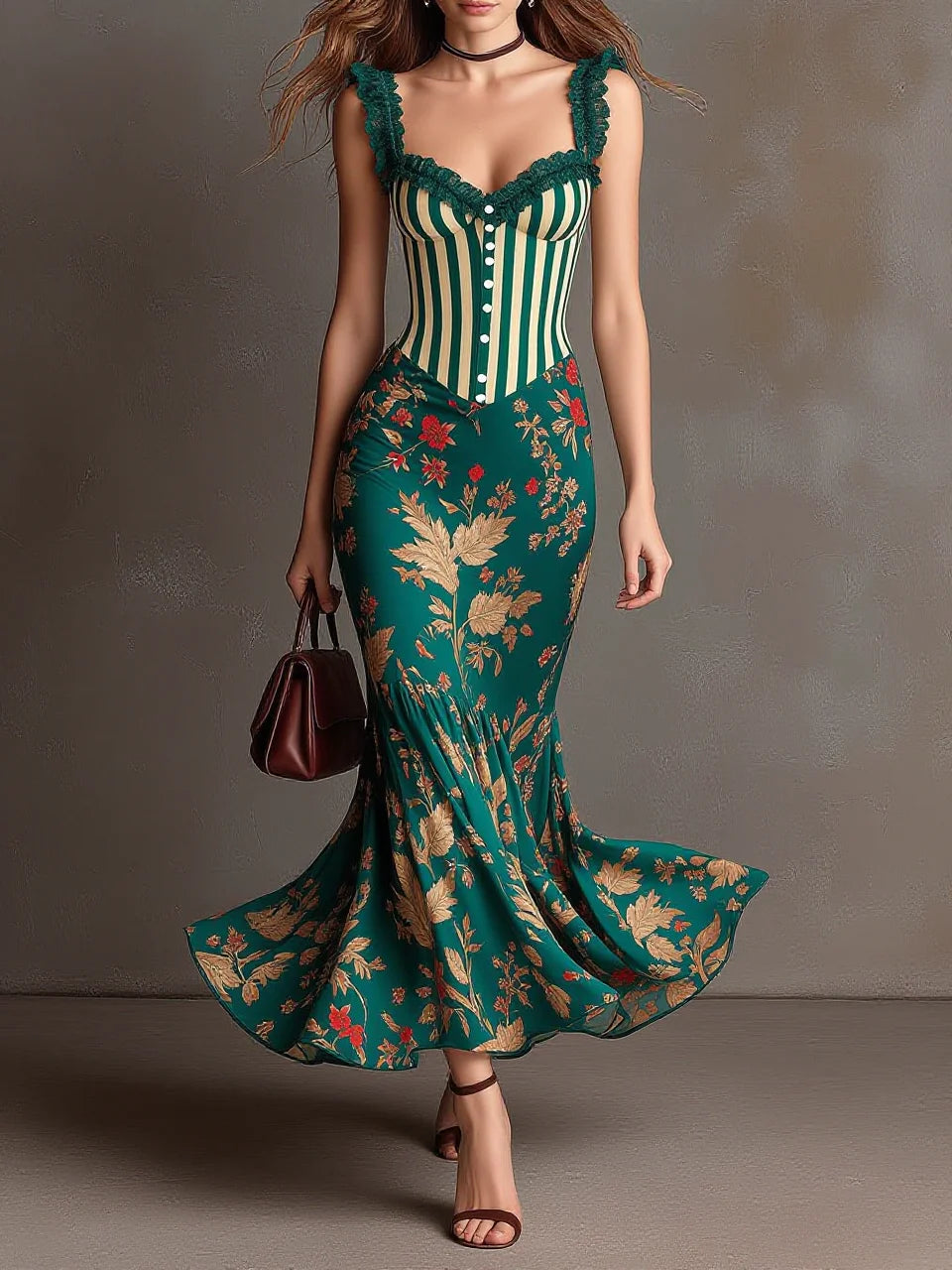 Dark Green Striped Spliced Floral Print Lace-Trim Cami Mermaid Maxi Dress