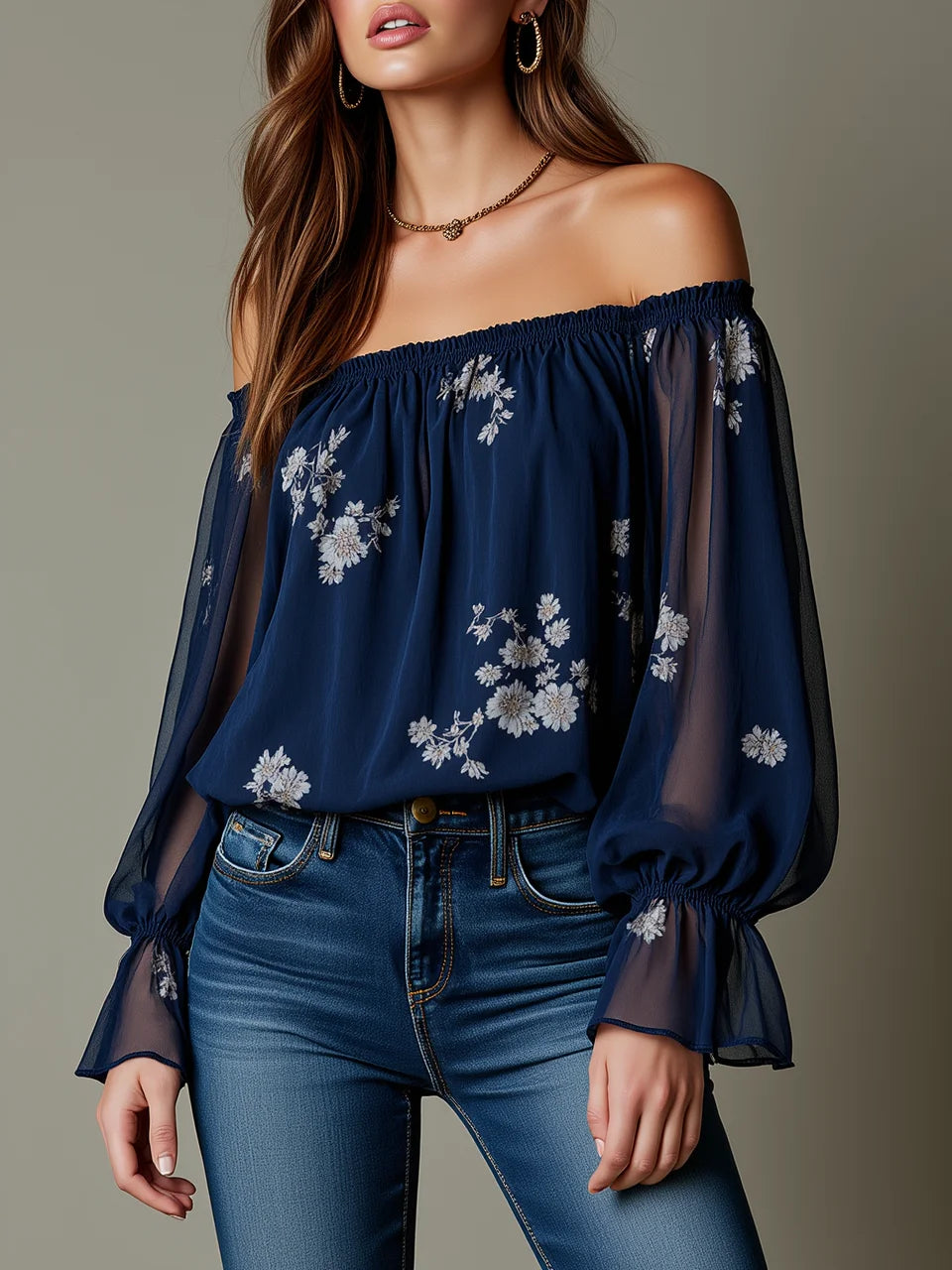 Off Shoulder Floral Embroidery Sheer Puff Sleeve Chiffon Blouse