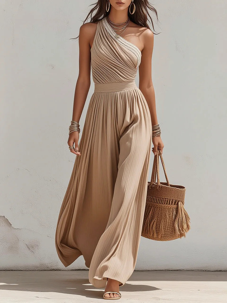 Nude Beige One-Shoulder Pleated Waist Wide-Leg Jumpsuit
