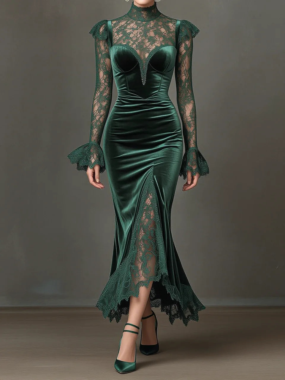 Dark Green Velvet Lace High Neck Long Sleeve Slit Mermaid Evening Gown