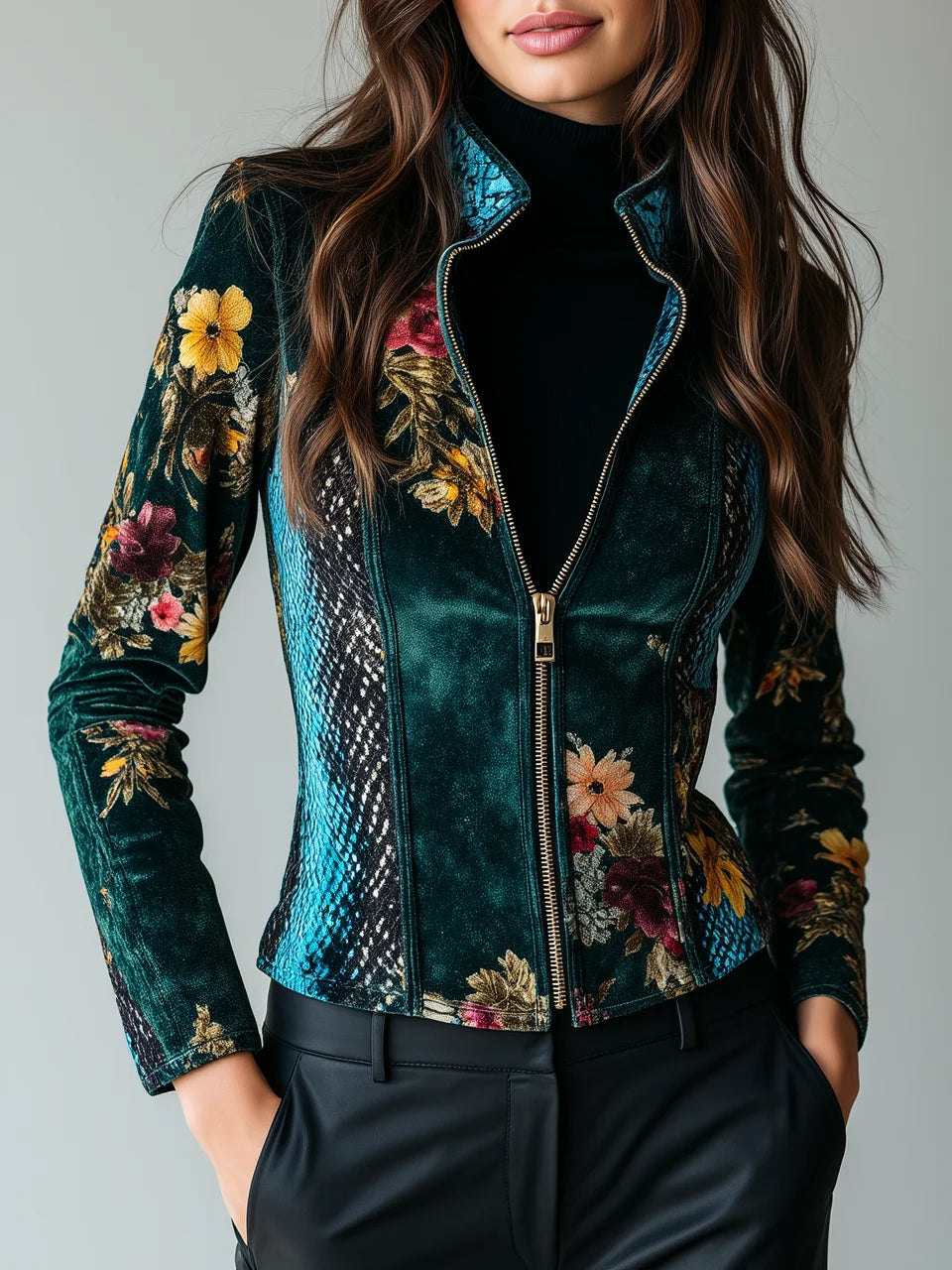 Dark Green Velvet Floral Snake Print Patchwork Stand Collar Zip-Up Cropped Jacket