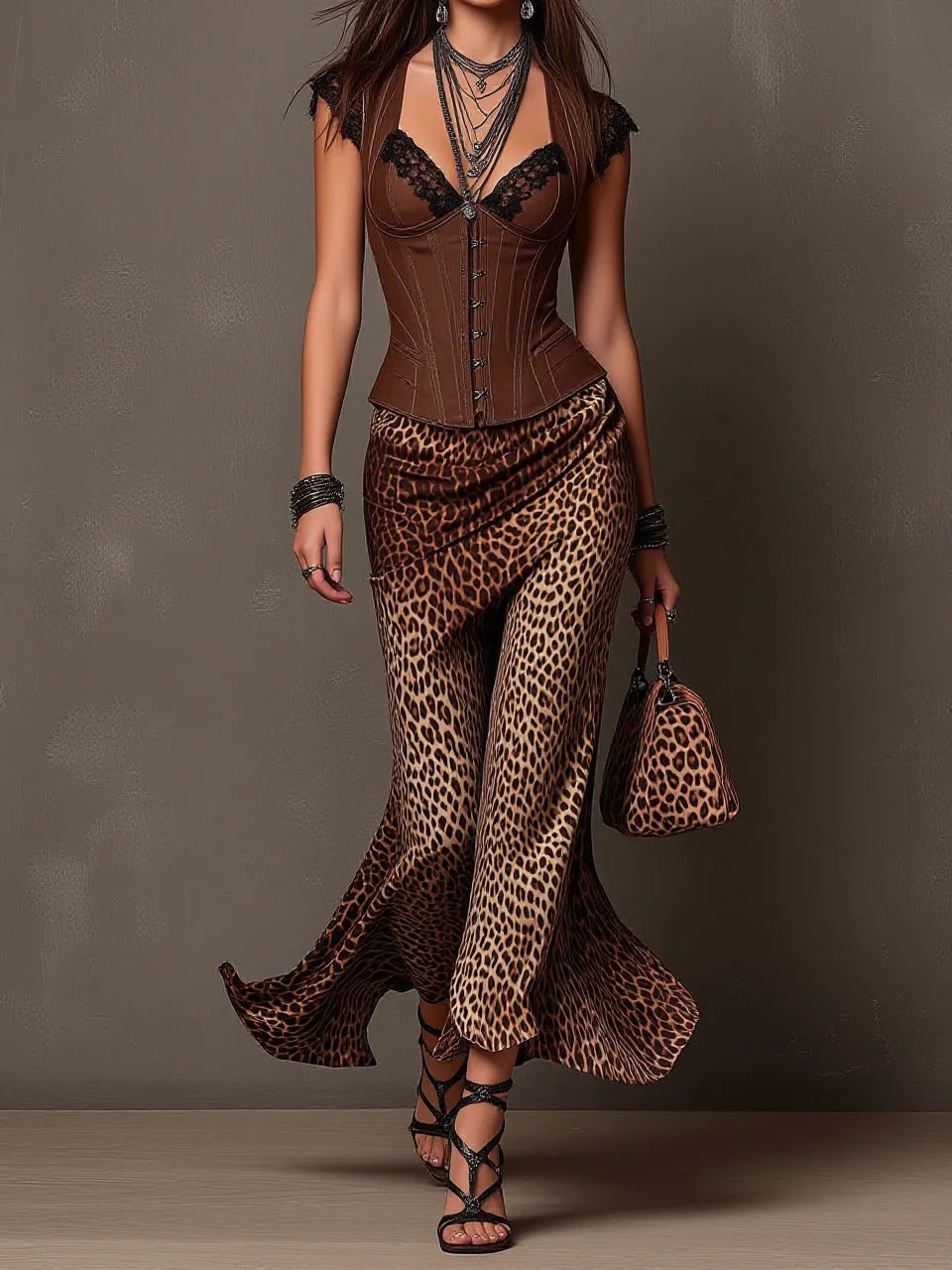 Brown Lace Trim Corset Top & Leopard Print Mermaid Skirt Set