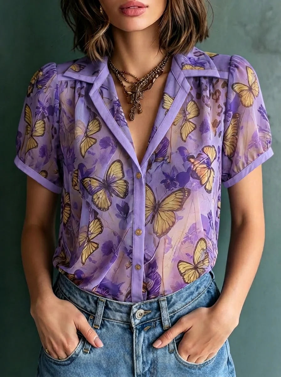 Lavender Butterfly Print Lapel Puff Short Sleeve Chiffon Blouse