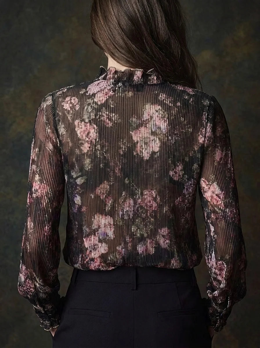 Dark Floral Print Pleated Chiffon Ruffle V Neck Blouse, Gold Trim Pearl Button Long Flare Sleeve Semi Sheer Top