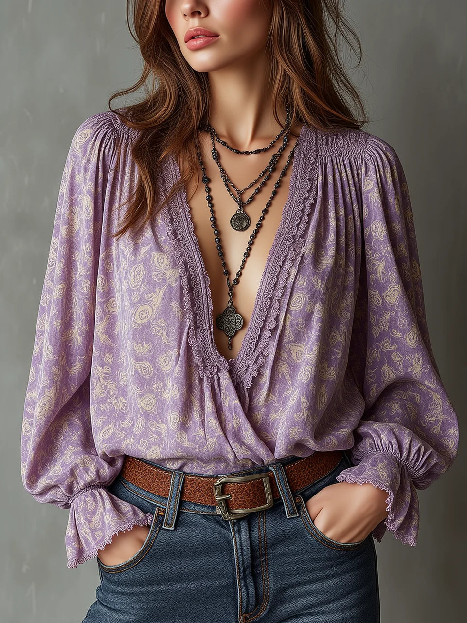 Light Purple Paisley Print Lace V-Neck Puff Sleeve Blouse
