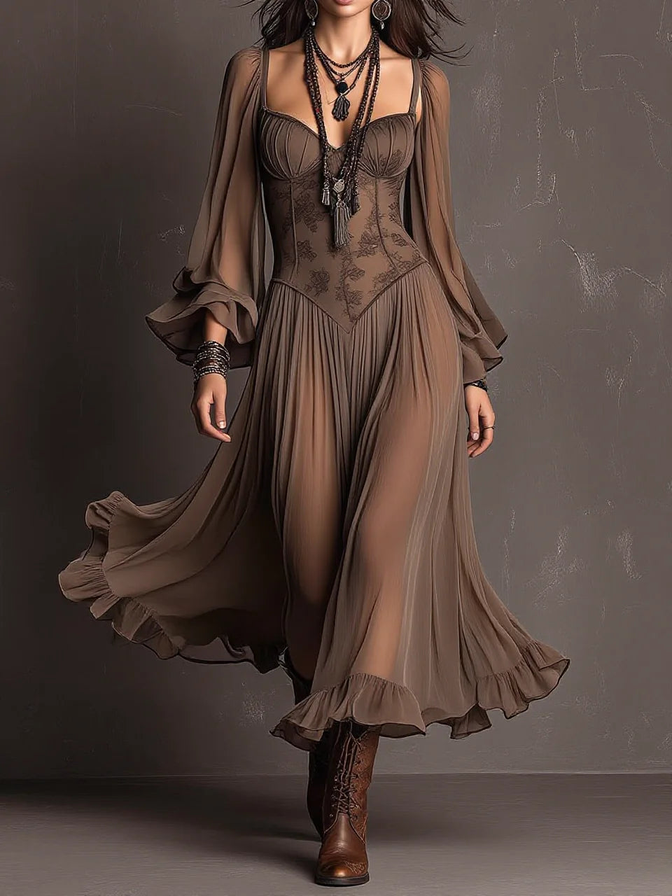 Brown Lace Printed Corset Cami Sheer Chiffon Ruffle Hem Maxi Dress