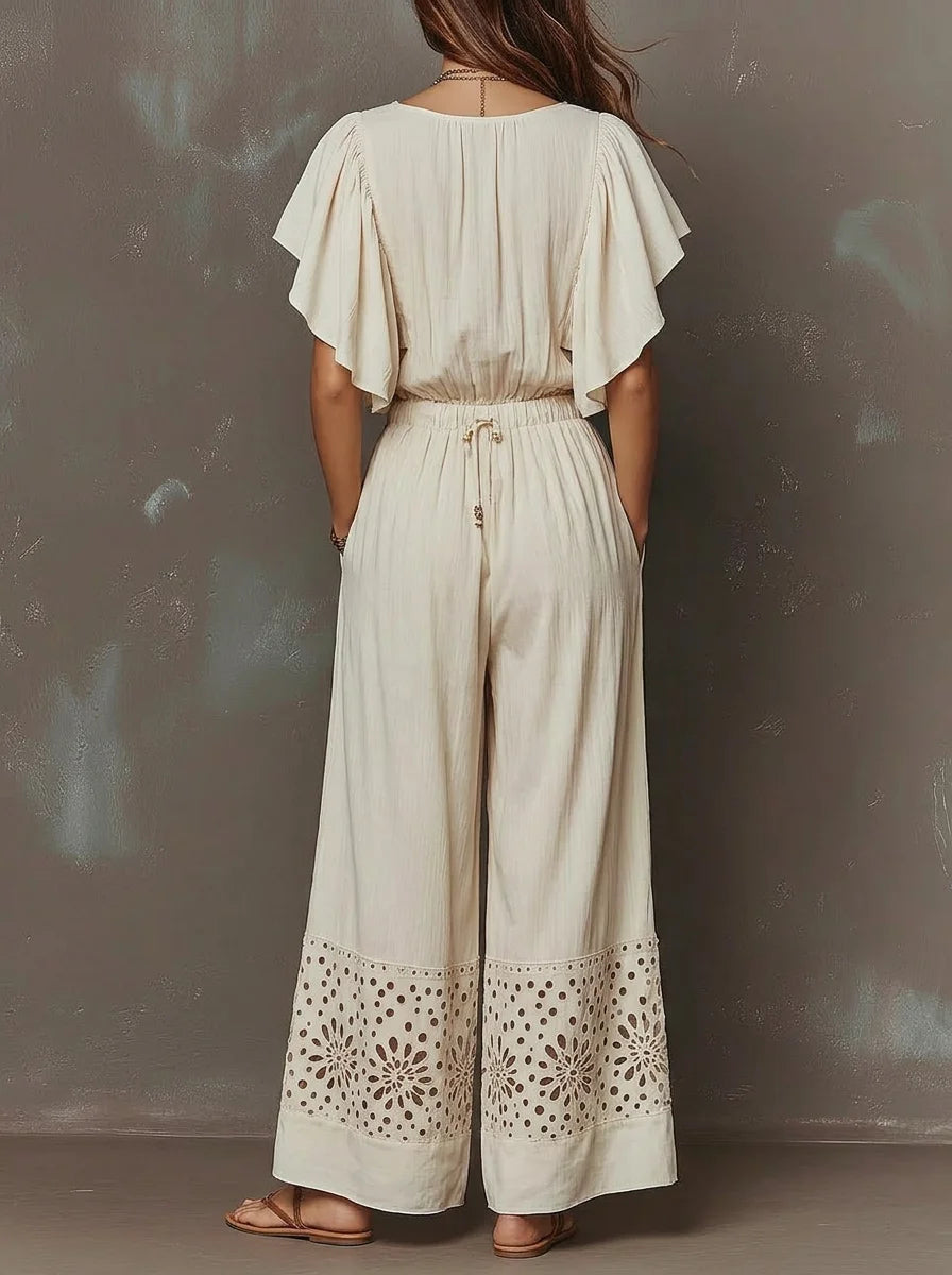 Boho V Neck Ruffle Short Sleeve Eyelet Hem Wide Leg Jumpsuit, Drawstring Waist Casual Vacation Romper