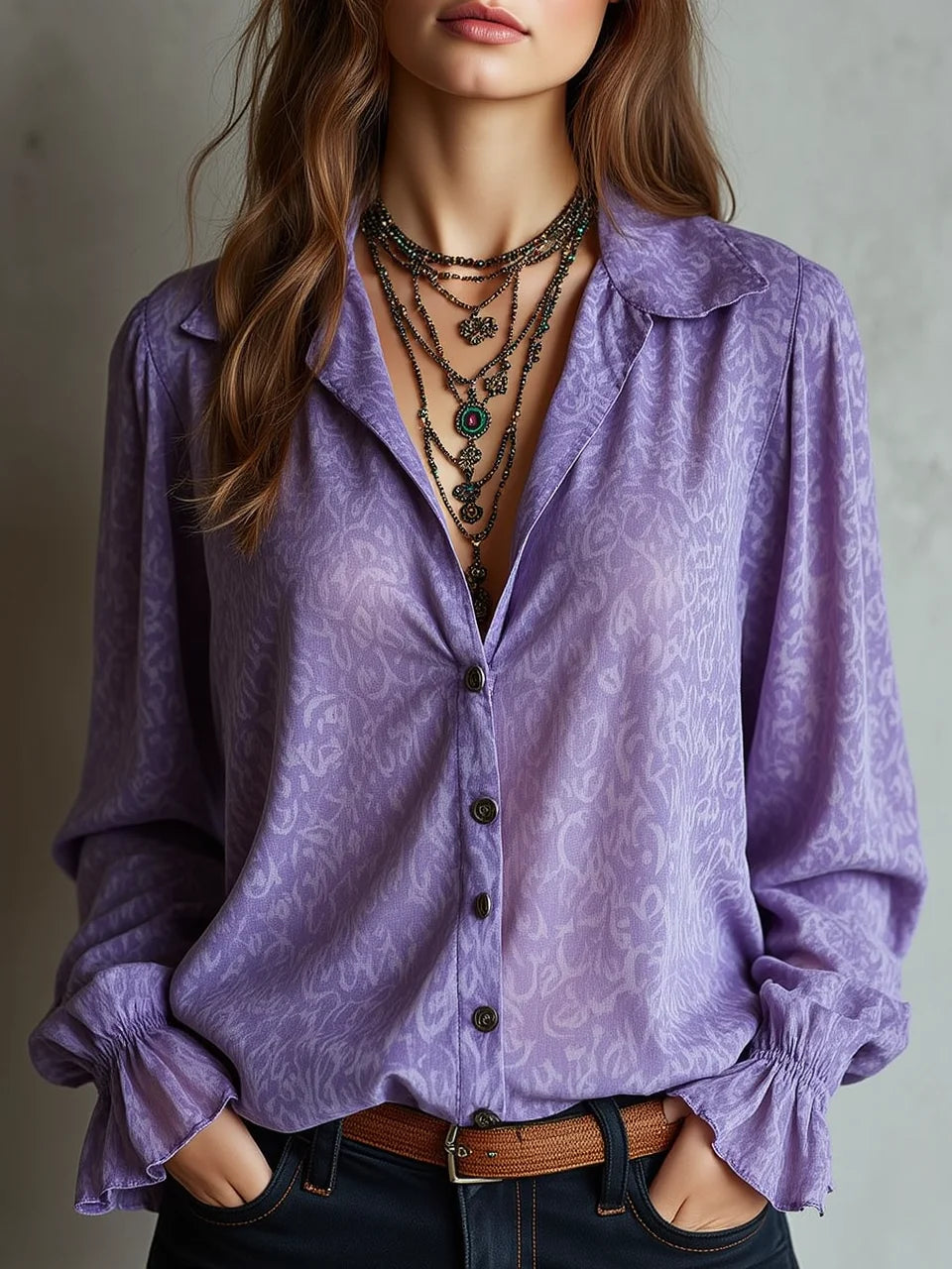 Light Purple Subtle Pattern Print Collared Blouse with Flare Cuffs