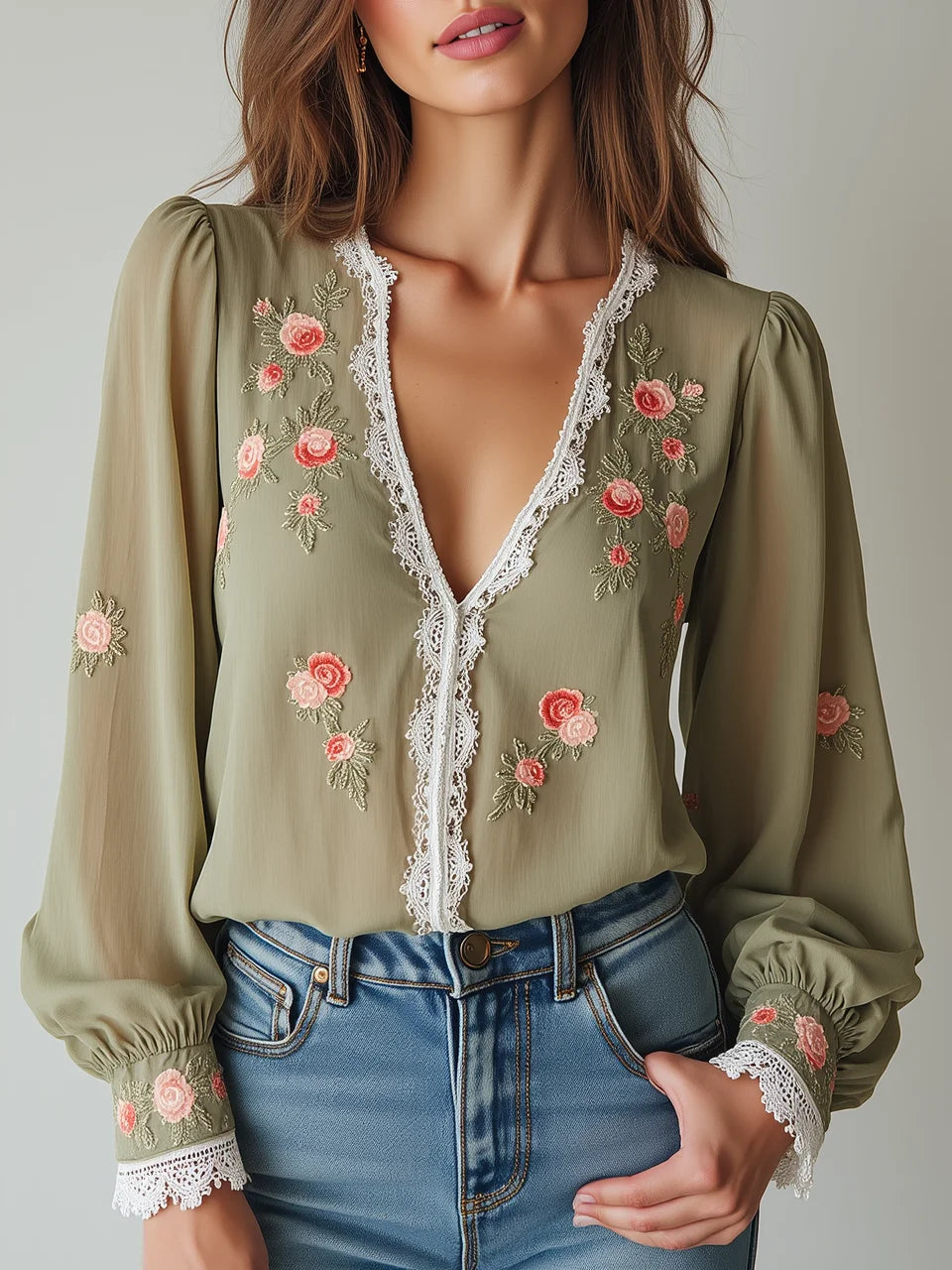 Lace Trim V Neck 3D Floral Embroidery Puff Sleeve Sheer Chiffon Blouse