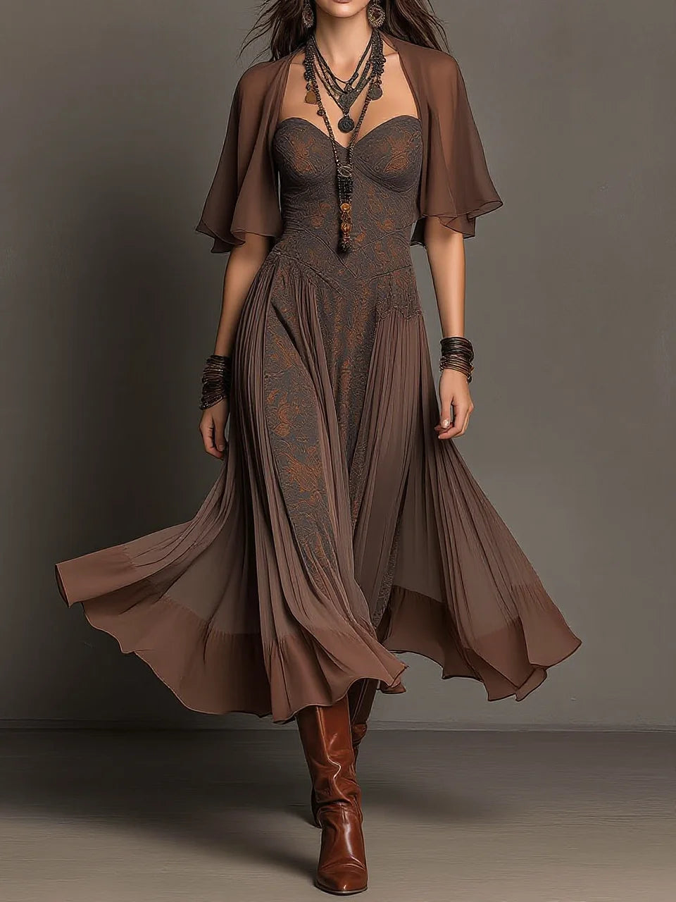 Dark Brown Strapless Embroidered Waisted Flared Dress with Sheer Shrug