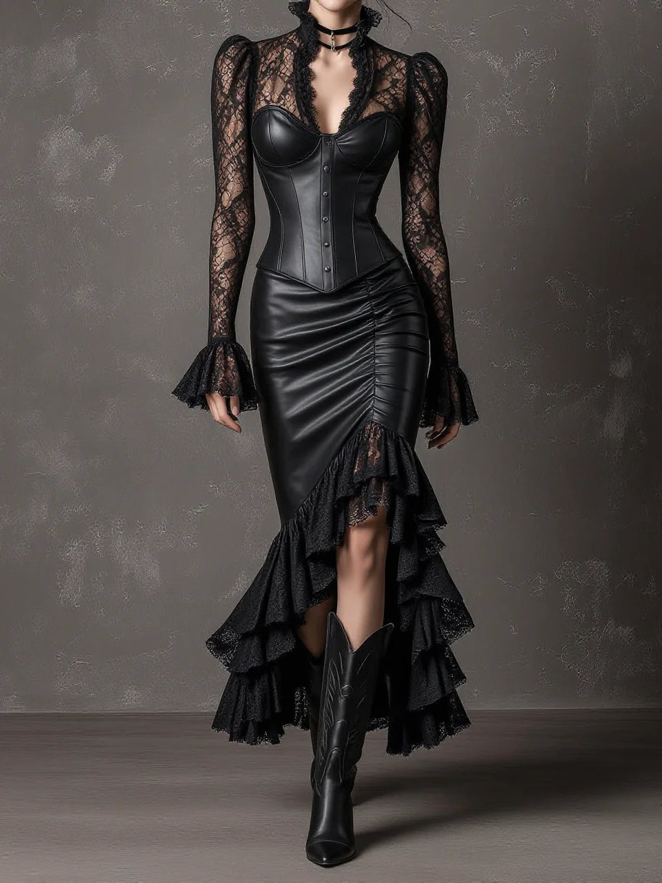 Black Lace Spliced Leather Corset Asymmetric Mermaid Skirt Set