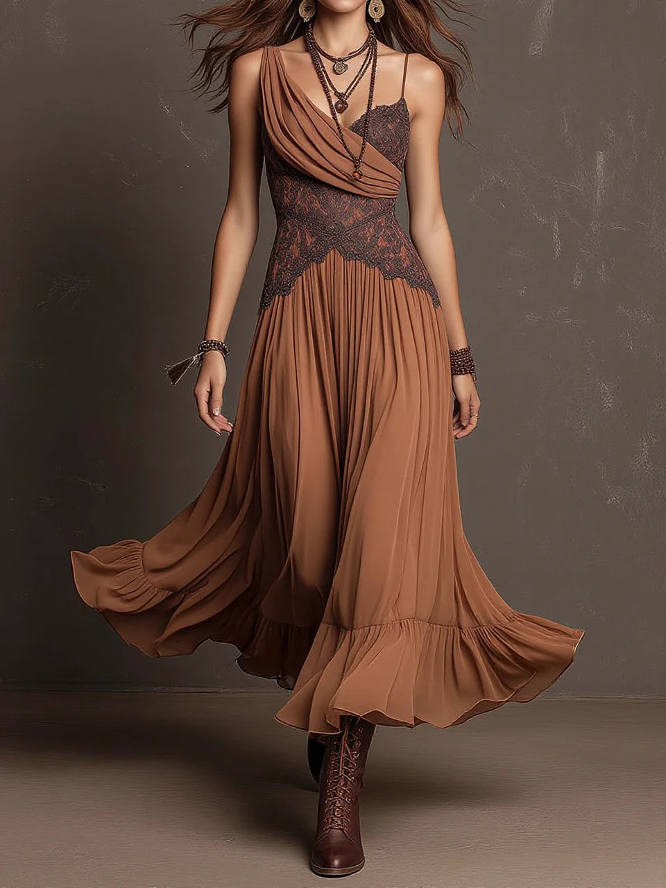 Caramel Asymmetric One-Shoulder Lace Spliced Ruffle Hem Chiffon Maxi Dress