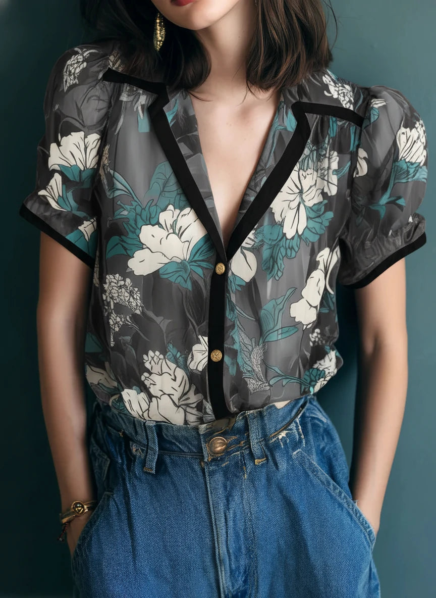 Vintage Sheer Floral Print Blouse With Contrast Trim