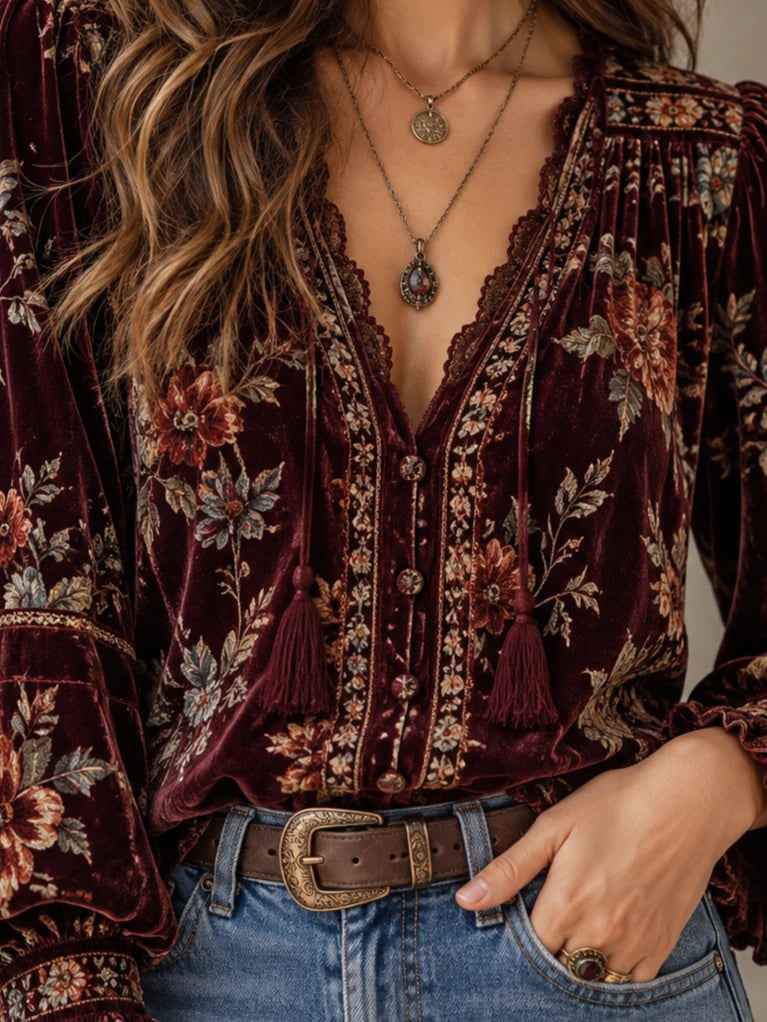 Floral Velvet-Look Tassel Blouse