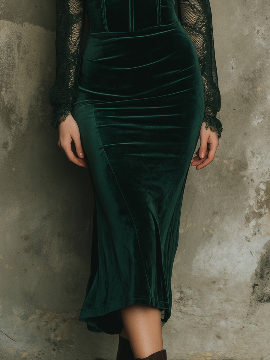 Quiet Luxury Velvet Lace Splicing Tight Midi Dress