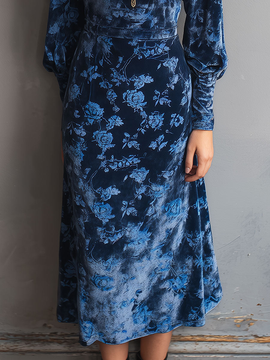 Retro Turtleneck Rose Print Velvet Midi Dress