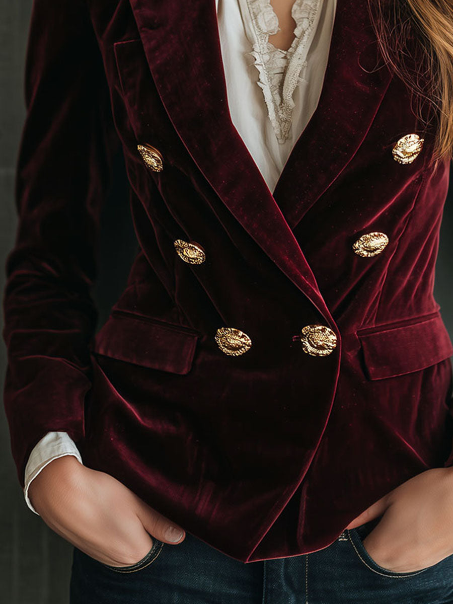 Retro Burgundy Velvet Double-Breasted Blazer With Gold Buttons