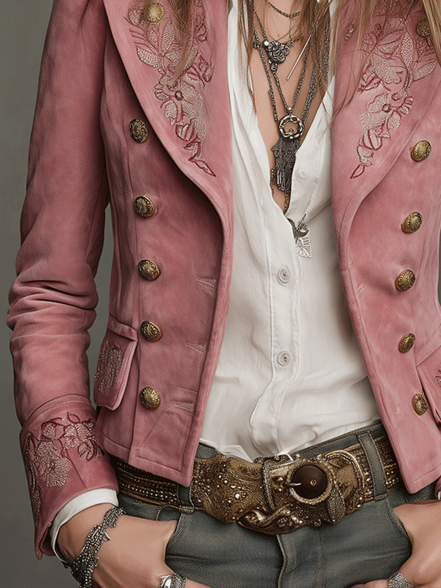 Vintage Double-Breasted Suede Embroidery Jacket